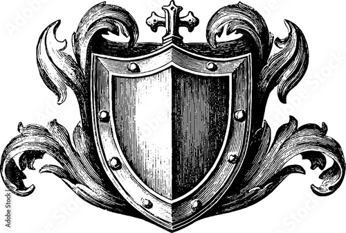 Ornamental heraldic shield with botanical motif design for historical decor