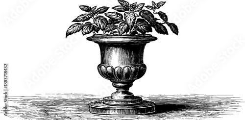 Ornamental pedestal stand with botanical design from 19th century engraving for retro decor
