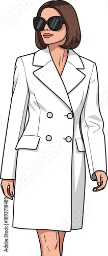 Create a Woman in an elegant white overcoat and wearing sunglasses walking confidently vector art with white background..