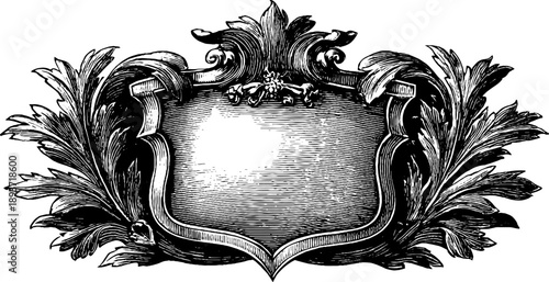 Ornamental shield emblem with vintage botanical engraving design for decorative use