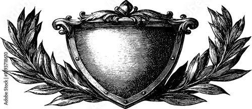 Ornamental shield with botanical emblem design for vintage engraving projects