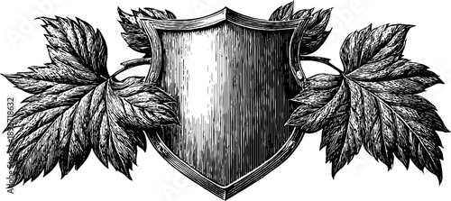 Vintage ornamental shield emblem with botanical engraving design