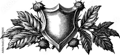 Ornamental shield emblem with botanical elements for vintage design
