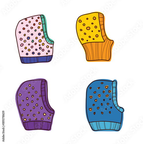 A charming collection of vector stickers featuring playful bonnets and cozy hoods, rendered in a whimsical, naive art style. This adorable accessory set is perfect for nursery decor