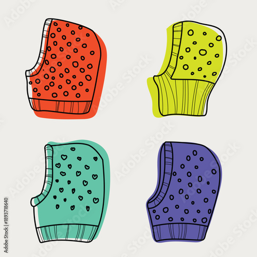 A charming collection of vector stickers featuring playful bonnets and cozy hoods, rendered in a whimsical, naive art style. This adorable accessory set is perfect for nursery decor