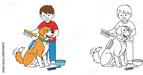 Happy boy brushing his dog. Grooming pet vector illustration with black and white outline for coloring book.