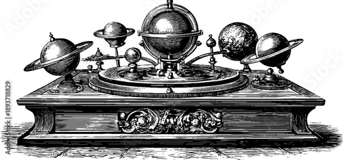 Vintage orrery mechanical solar system engraving with botanical elements