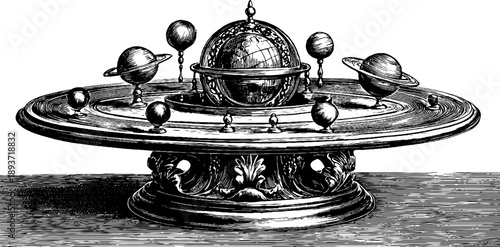 Vintage orrery mechanical solar system engraving - retro botanical design for educational and decorative use