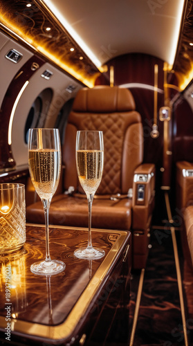Two glasses of champagne in a luxurious private jet interior with plush leather seats