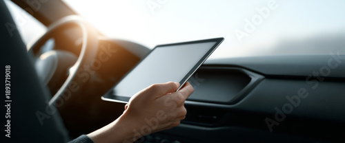 Wallpaper Mural Person holding a digital tablet inside a modern car with sunlight streaming through the window, focusing on technology and connectivity during travel Torontodigital.ca