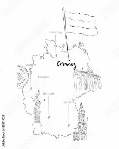 Hand drawn map of Germany with major cities and landmarks