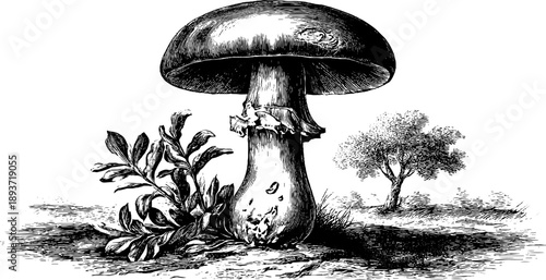 Vintage botanical illustration of tall parasol mushroom specimen