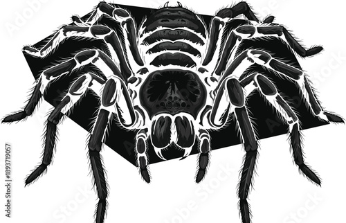 Black and white tarantula illustration with hairy legs, realistic texture, segmented body, spider drawing for science and art use