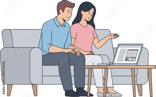 Couple Working Together at Home Flat Vector Illustration
