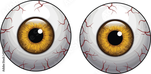 Cartoon eyeballs with yellow irises, red veins, bloodshot look, graphic design element for Halloween, horror, and spooky themes