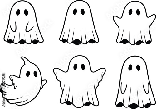 Cartoon ghost illustrations, Halloween characters, spooky cute design, white sheet ghosts, playful spirits, kids art, isolated background, fun decoration