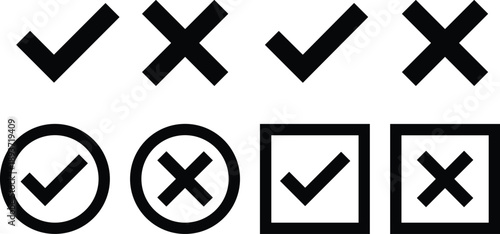 Check and X mark icon set — black-and-white vector symbols for approval, rejection, correctness, selection, and evaluation in graphic design themes