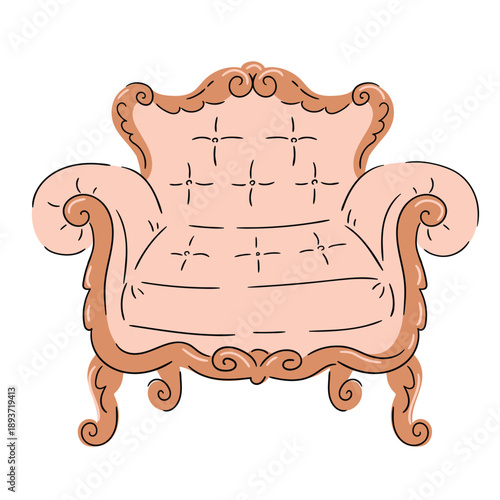 Vector vintage cozy leather chair with armrests. Hand drawn soft armchair isolated on white background. Cute upholstered furniture illustration 