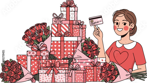 Woman holding a credit card surrounded by gifts and roses in a festive illustration