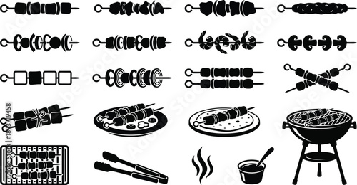  Shish Kebab Silhouette Vector Set Design – Skewers Grill BBQ Middle Eastern Turkish Persian Kebab Collection, Clean Black Cutouts