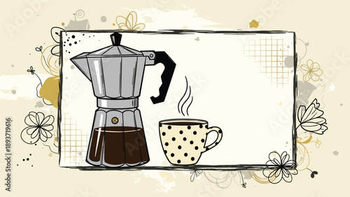 Vintage style illustration of a moka pot and a cup of coffee on an artistic background with floral elements and paper textures.
