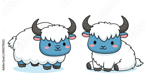 Cartoon yaks, fluffy white fur, blue faces, cute animals, sitting and standing pose, kids illustration, winter theme, isolated background