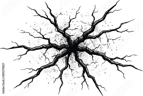 Cracked surface vector with radial fissures and shattered center — black-and-white design for damage, impact, seismic, and structural breakdown themes