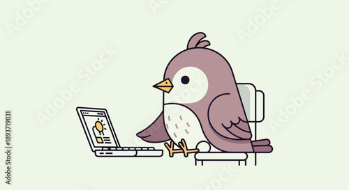 Flat vector illustration of a cute bird working on a laptop at desk, remote work concept with friendly character design, productivity, digital lifestyle, and modern home office theme