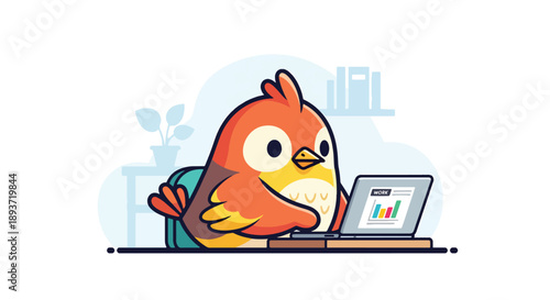 Flat vector illustration of a cute bird working on a laptop at desk, remote work concept with friendly character design, productivity, digital lifestyle, and modern home office theme