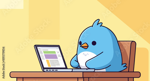 Flat vector illustration of a cute bird working on a laptop at desk, remote work concept with friendly character design, productivity, digital lifestyle, and modern home office theme