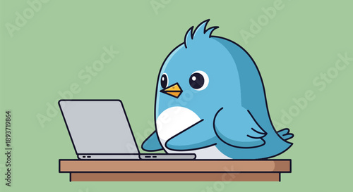 Flat vector illustration of a cute bird working on a laptop at desk, remote work concept with friendly character design, productivity, digital lifestyle, and modern home office theme