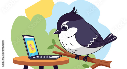 Flat vector illustration of a cute bird working on a laptop at desk, remote work concept with friendly character design, productivity, digital lifestyle, and modern home office theme
