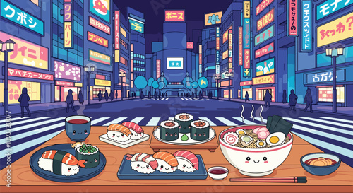 Flat vector illustration of Japanese food on table with night street background, sushi and ramen dishes, vibrant city atmosphere, culinary culture, travel and dining concept