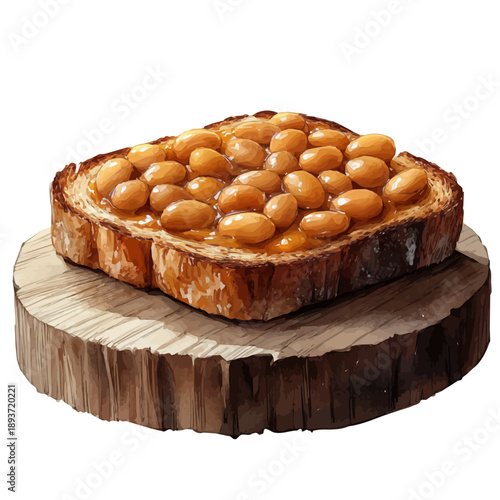 Baked Beans On Toast, watercolor vector portraying a joyful pose with colorful highlights, isolated on a white background.