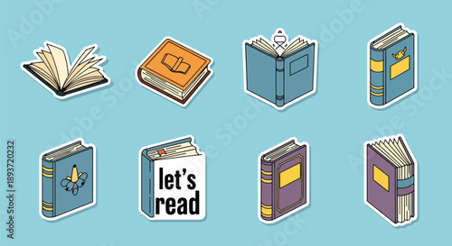 Flat vector illustration set of book stickers with reading icons and typography, education theme, cute stationery design, learning inspiration and literary lifestyle concept