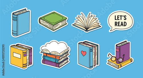 Flat vector illustration set of book stickers with reading icons and typography, education theme, cute stationery design, learning inspiration and literary lifestyle concept
