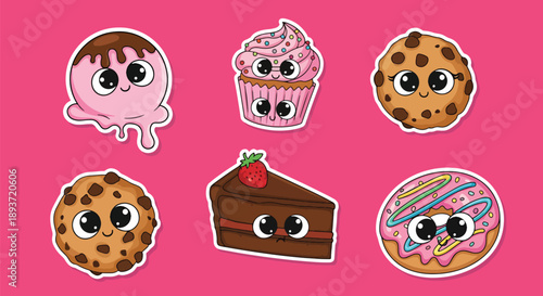 Flat vector illustration set of kawaii dessert stickers, cute sweets with expressive faces, fun snack icons, playful food characters for decoration and design use