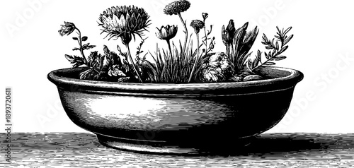 Antique porcelain bowl with botanical engraving - vintage 19th century design