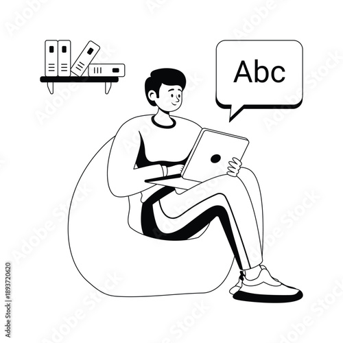 Well designed glyph illustration of a student attending virtual english class on laptop,