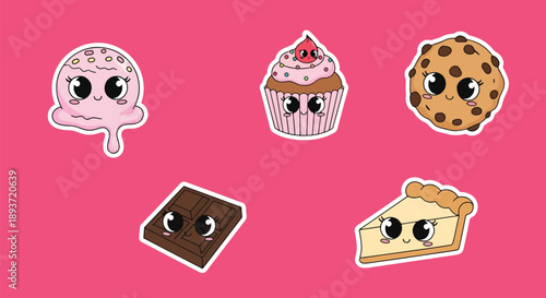 Flat vector illustration set of kawaii dessert stickers, cute sweets with expressive faces, fun snack icons, playful food characters for decoration and design use