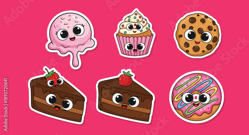 Flat vector illustration set of kawaii dessert stickers, cute sweets with expressive faces, fun snack icons, playful food characters for decoration and design use