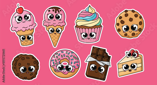 Flat vector illustration set of kawaii dessert stickers, cute sweets with expressive faces, fun snack icons, playful food characters for decoration and design use