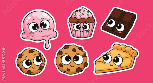 Flat vector illustration set of kawaii dessert stickers, cute sweets with expressive faces, fun snack icons, playful food characters for decoration and design use