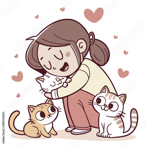 Young girl hugging two cats