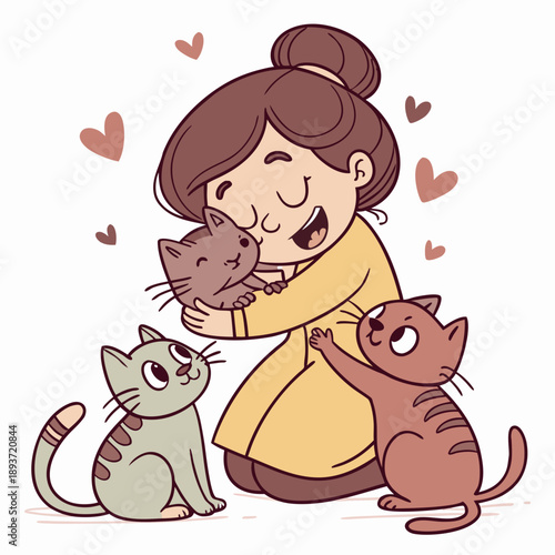 Woman hugging three cats