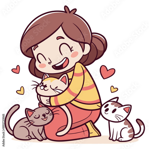 Woman happily hugging three cats