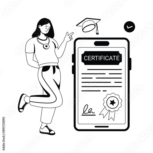 glyph illustration of a student with online graduation certificate