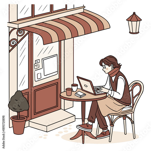 Woman working on laptop outside cafe