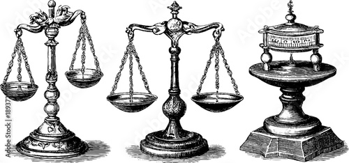 Vintage precision balance weight illustrations with 19th century botanical engraving