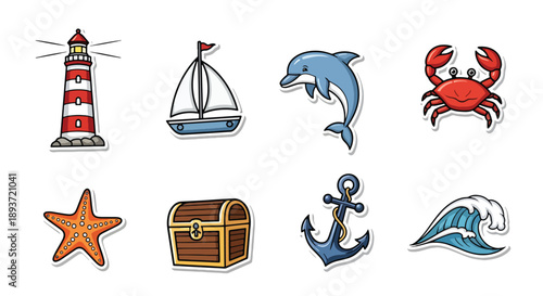 Flat vector illustration set of cute sea and ocean stickers  icons in bright solid colors